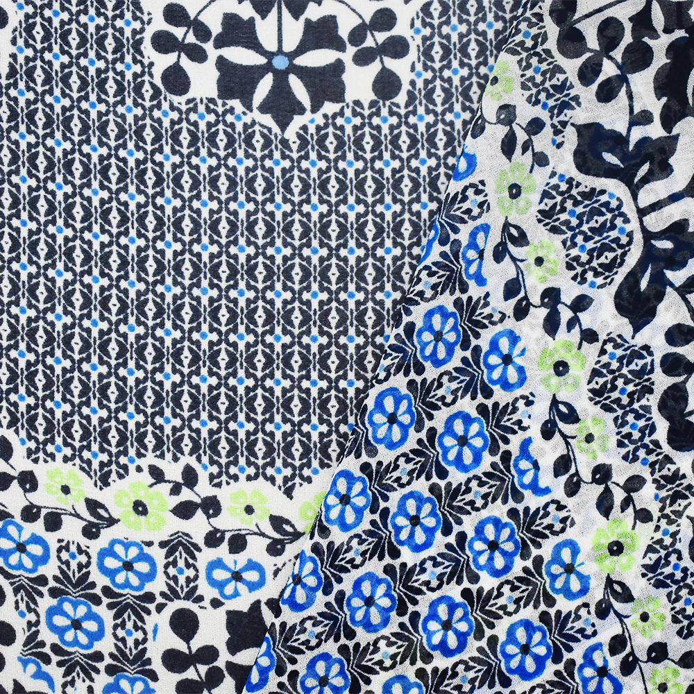 Black-Blue-Multi Abstract Floral Printed Poly Chiffon Woven Fabric - Image 2