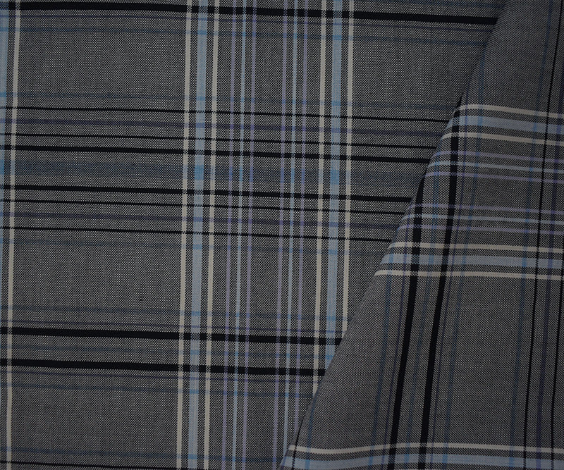 Black-Blue-White Poly Wool Japanese Plaid Woven Suiting Fabric - Image 2