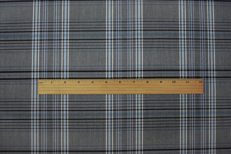 Black-Blue-White Poly Wool Japanese Plaid Woven Suiting Fabric - Image 5