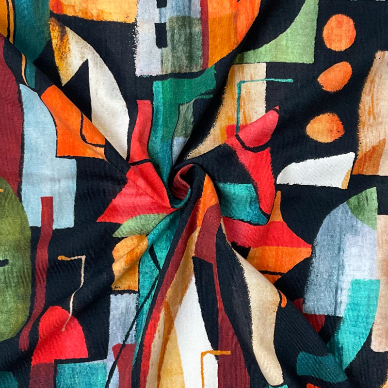Black Cotton Abstract Cubism Printed Jersey Knit Fabric