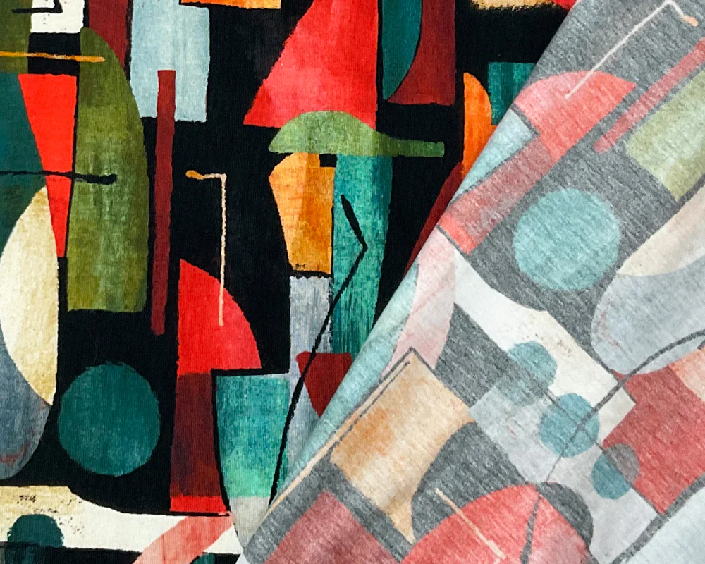 Black Cotton Abstract Cubism Printed Jersey Knit Fabric - Image 2