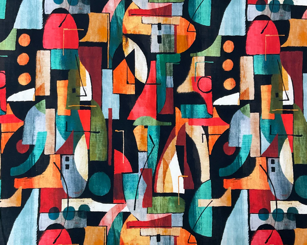 Black Cotton Abstract Cubism Printed Jersey Knit Fabric - Image 3