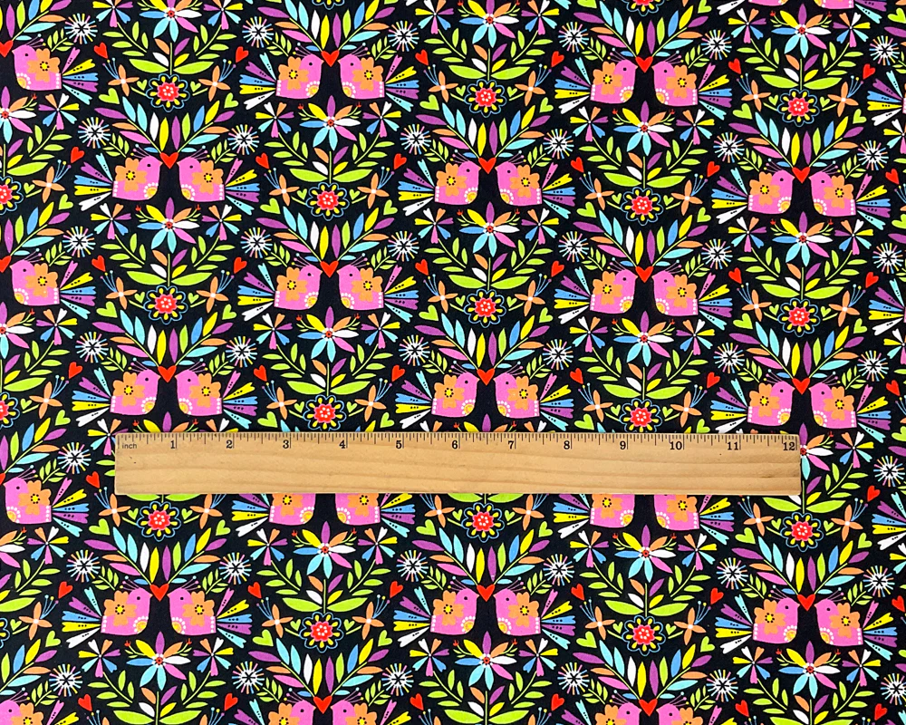 Black Cotton Dashwood Studio Floral Bird Quilting Woven Fabric - Image 4