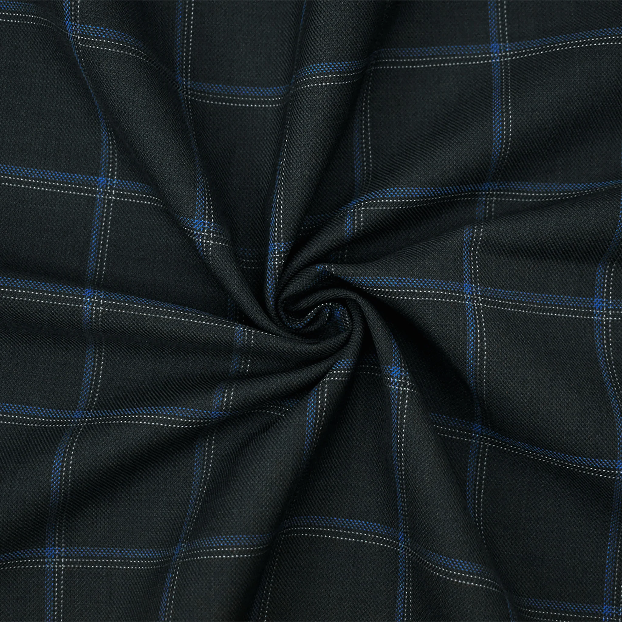 Black-Gray-Blue Poly-Wool Check-Plaid Shirting Twill Woven Fabric