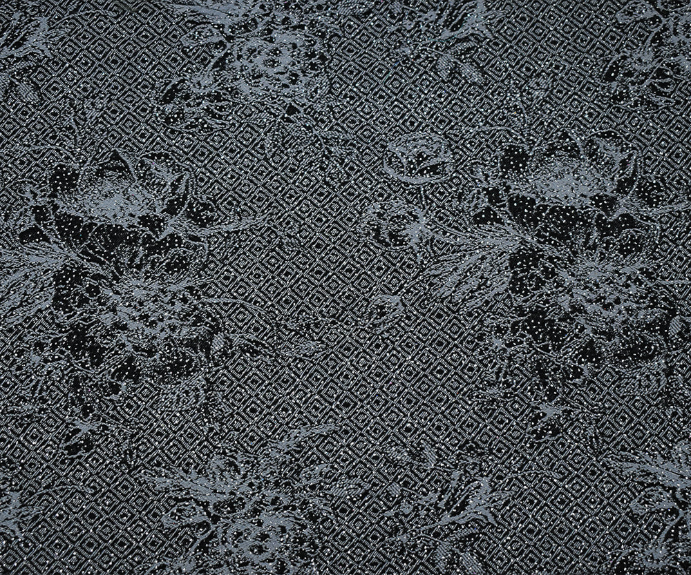 Black-Gray-Silver Rayon Blend Stretch Floral Diamond Bengaline Jacquard Fabric - Image 3