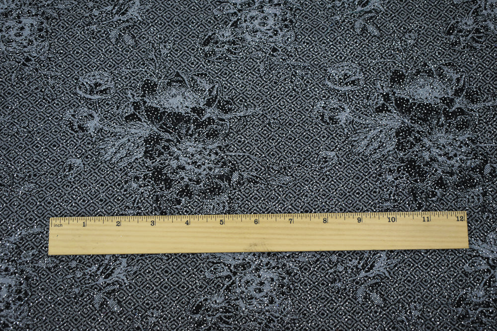 Black-Gray-Silver Rayon Blend Stretch Floral Diamond Bengaline Jacquard Fabric - Image 4