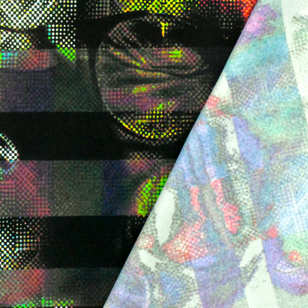 Black-Green-Multi Famous Maker Face Printed Stretch Tricot Swimwear Fabric - Image 4