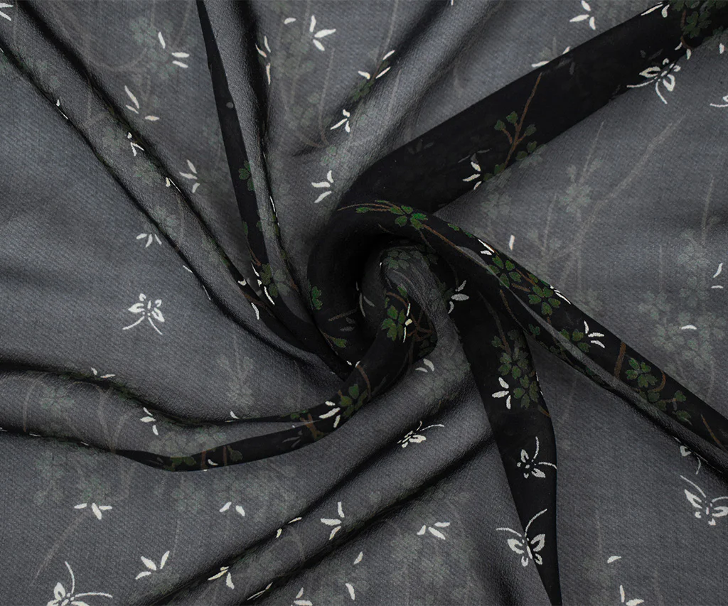 Black-Green-Multi Silk Butterfly Floral Printed Chiffon Woven Fabric - Image 3