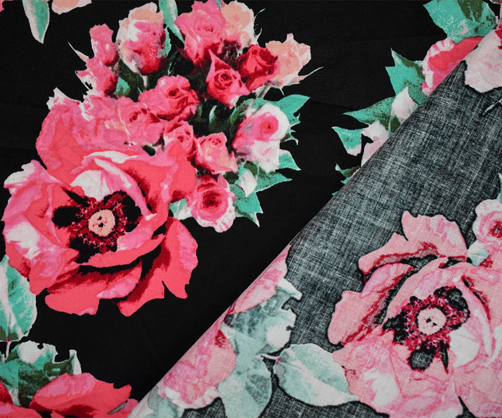 Black-Green-Pink Cotton Floral Print Stretch Spandex Poplin Woven Fabric - Image 3