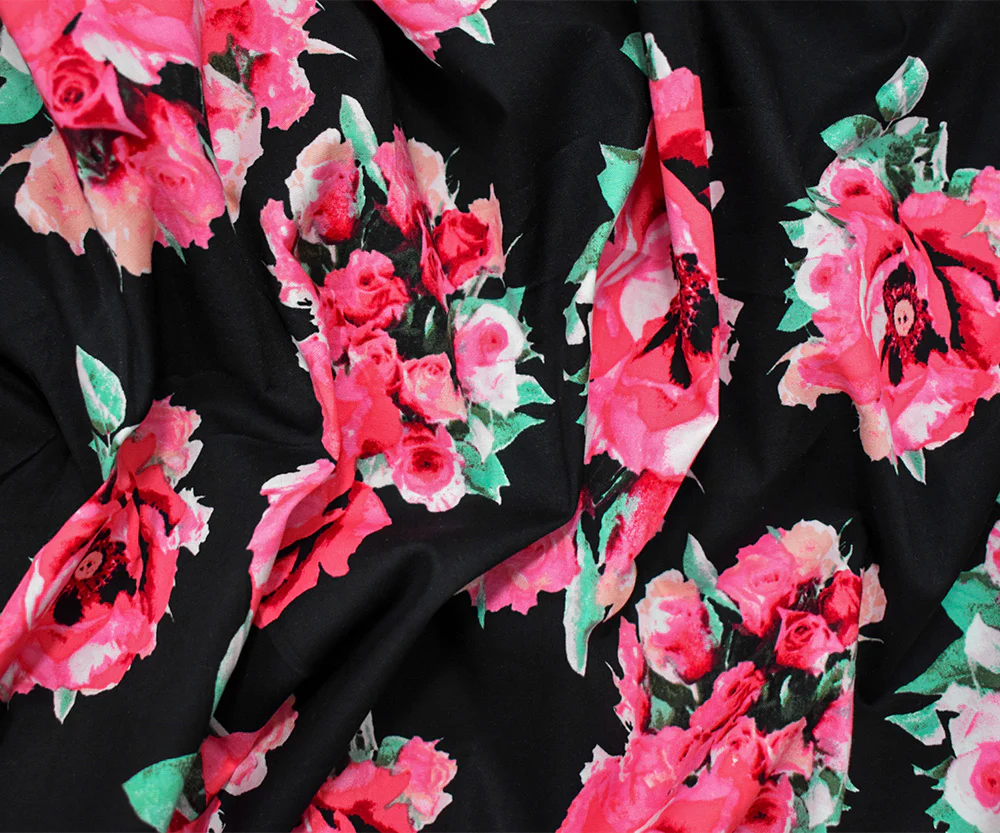 Black-Green-Pink Cotton Floral Print Stretch Spandex Poplin Woven Fabric - Image 4