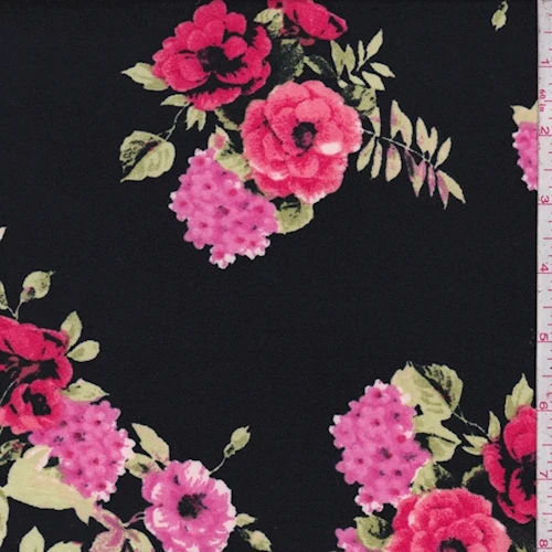 Black/Hot Pink Multi Floral Brushed Jersey Knit Fabric
