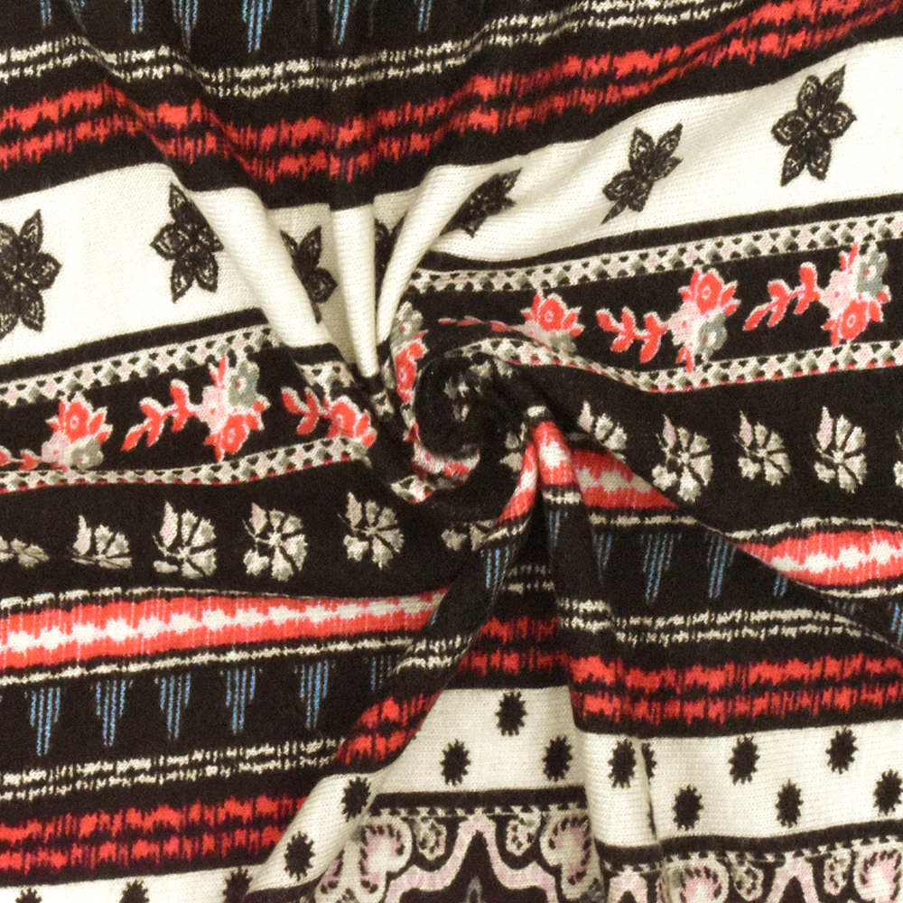 Black-Ivory-Multi Moroccan Stripe Printed Stretch Rayon Jersey Knit Fabric - Image 2