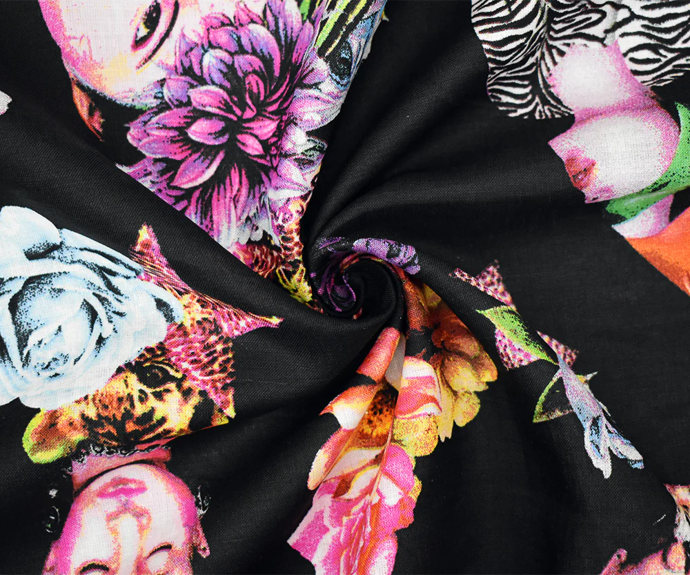Black-Magenta-Multi Faces and Floral Printed Linen Woven Fabric - Image 3