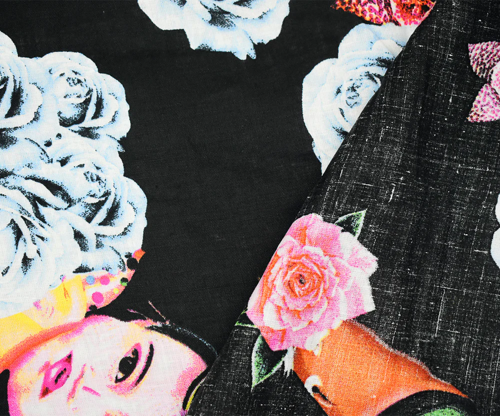 Black-Magenta-Multi Faces and Floral Printed Linen Woven Fabric - Image 4