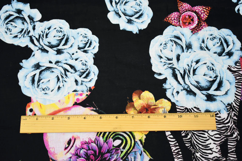 Black-Magenta-Multi Faces and Floral Printed Linen Woven Fabric - Image 5