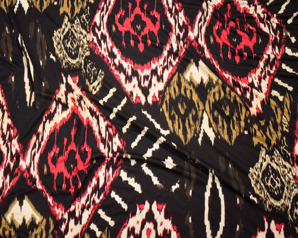 Black-Multi Abstract Diamond Ikat Printed Stretch Silk Jersey Knit Fabric - Image 3