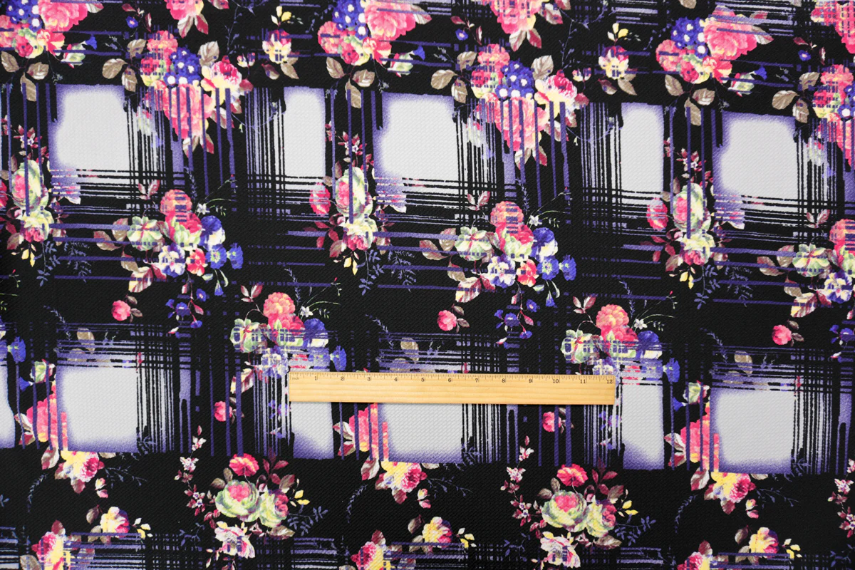 Black-Multi Abstract Floral Print Liverpool Double Knit Fabric - Image 4