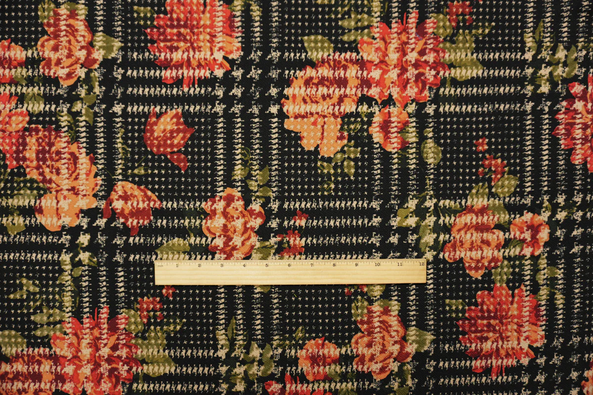 Black-Multi Poly Floral Plaid Print Liverpool Double Knit Fabric - Image 4