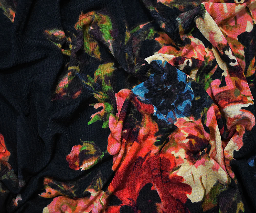 Black-Multi Poly Floral Print Stretch Spandex Onion Skin Jersey Knit Fabric - Image 4