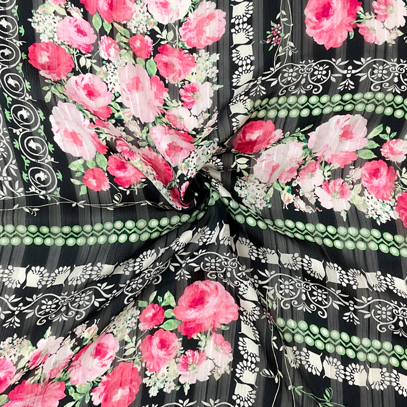 Black-Multi Poly Floral Printed Stripe Satin Chiffon Woven Fabric