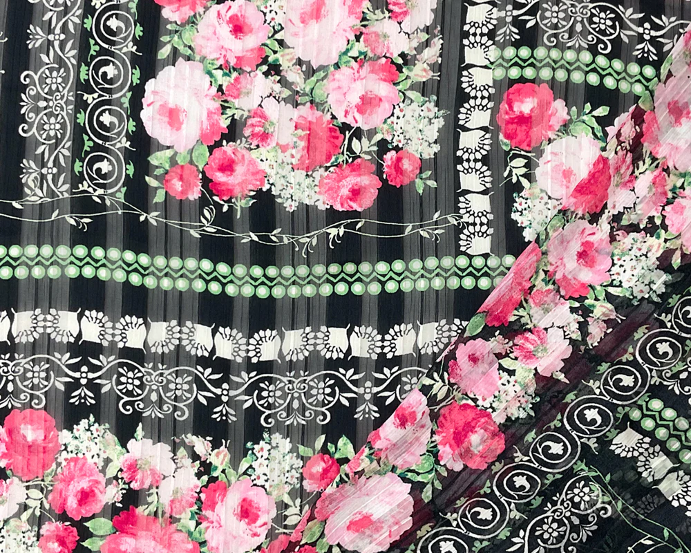 Black-Multi Poly Floral Printed Stripe Satin Chiffon Woven Fabric - Image 2