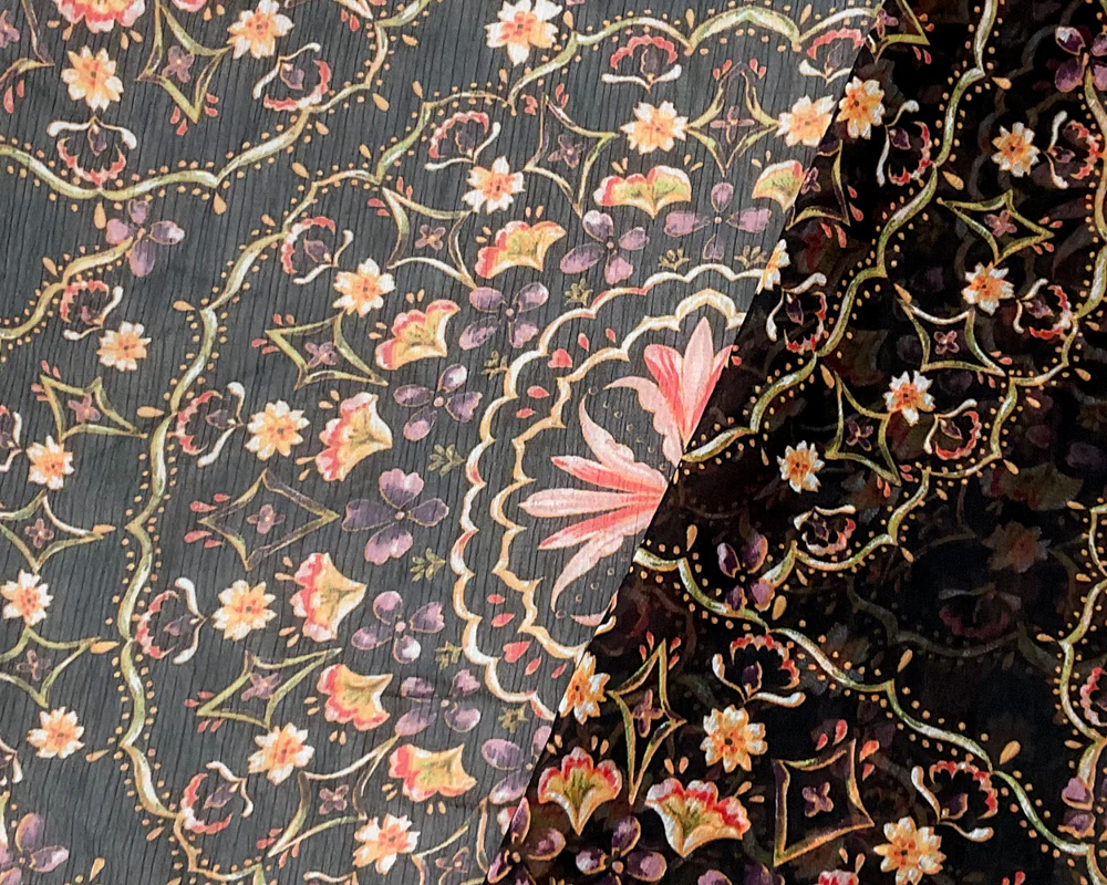 Black-Multi Poly Floral Printed Yoryu Chiffon Woven Fabric - Image 2