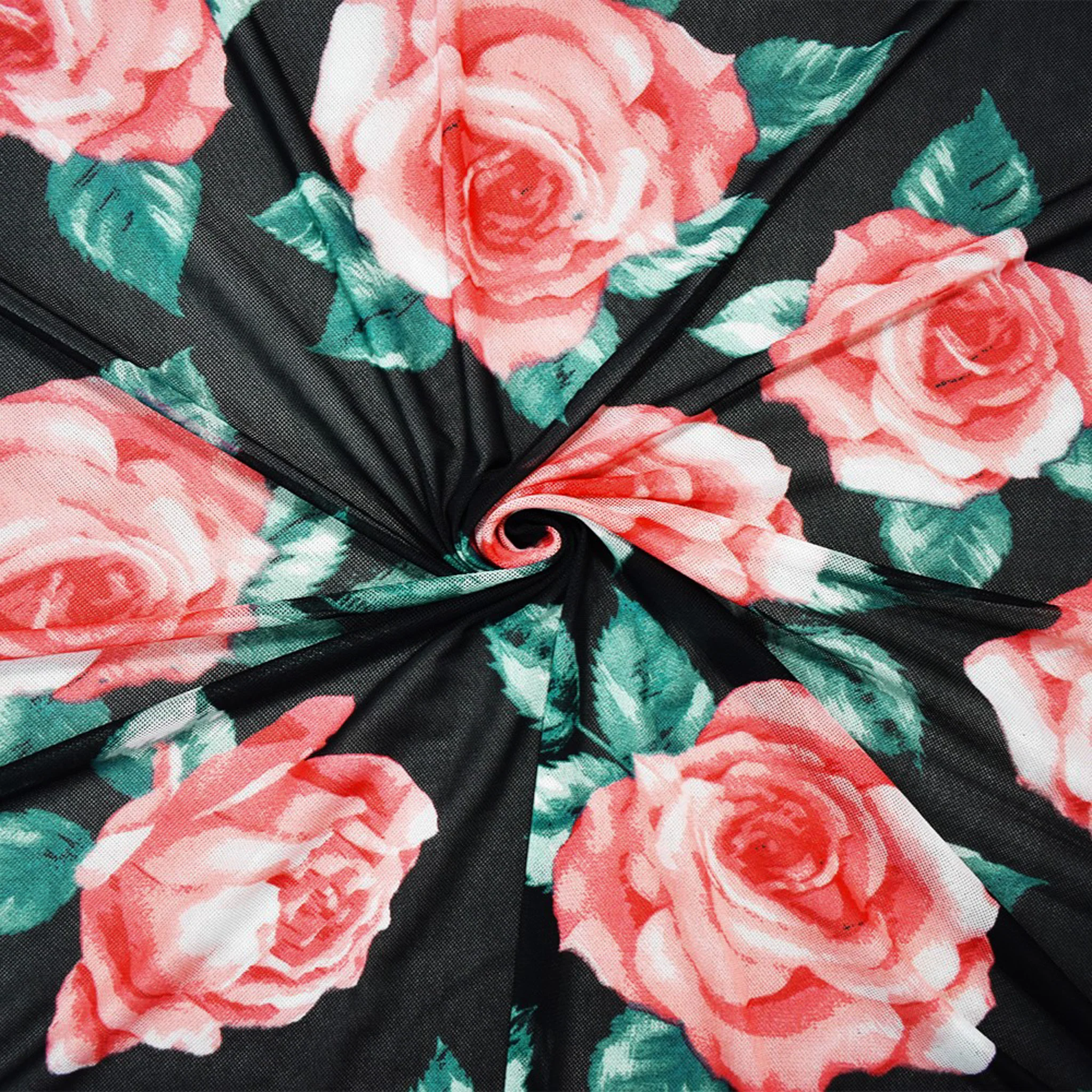 Black-Multi Poly Stretch Spandex Floral Printed Mesh Knit Fabric