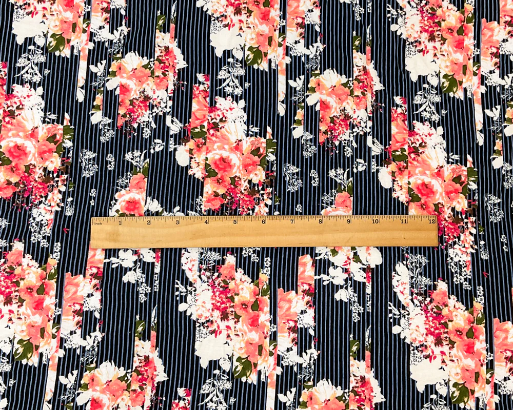 Black-Multi Rayon Spandex Floral Stripe Print Jersey Knit Fabric - Image 4