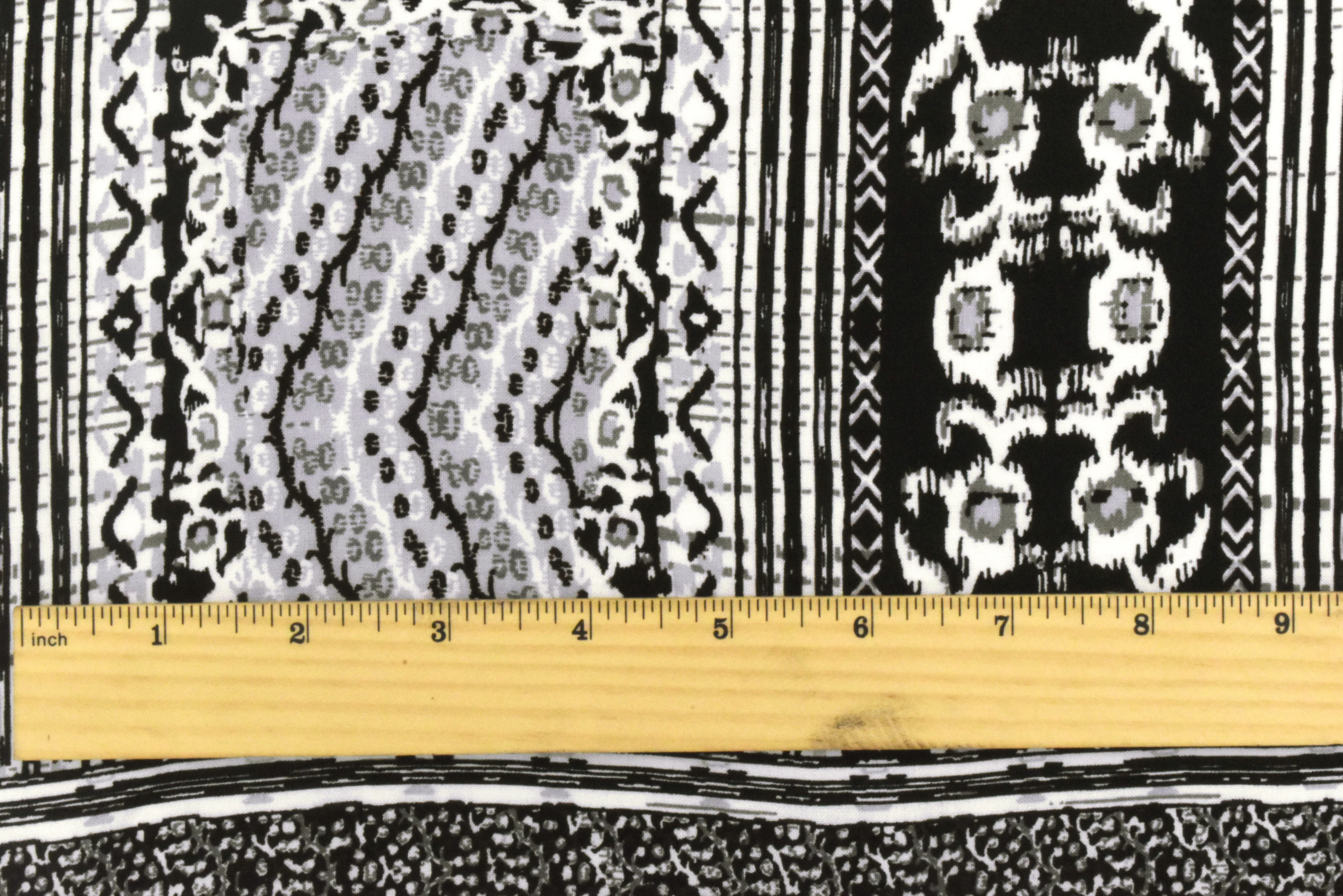 Black-Off-White-Gray Bordered Pattern Printed Challis Fabric - Image 5