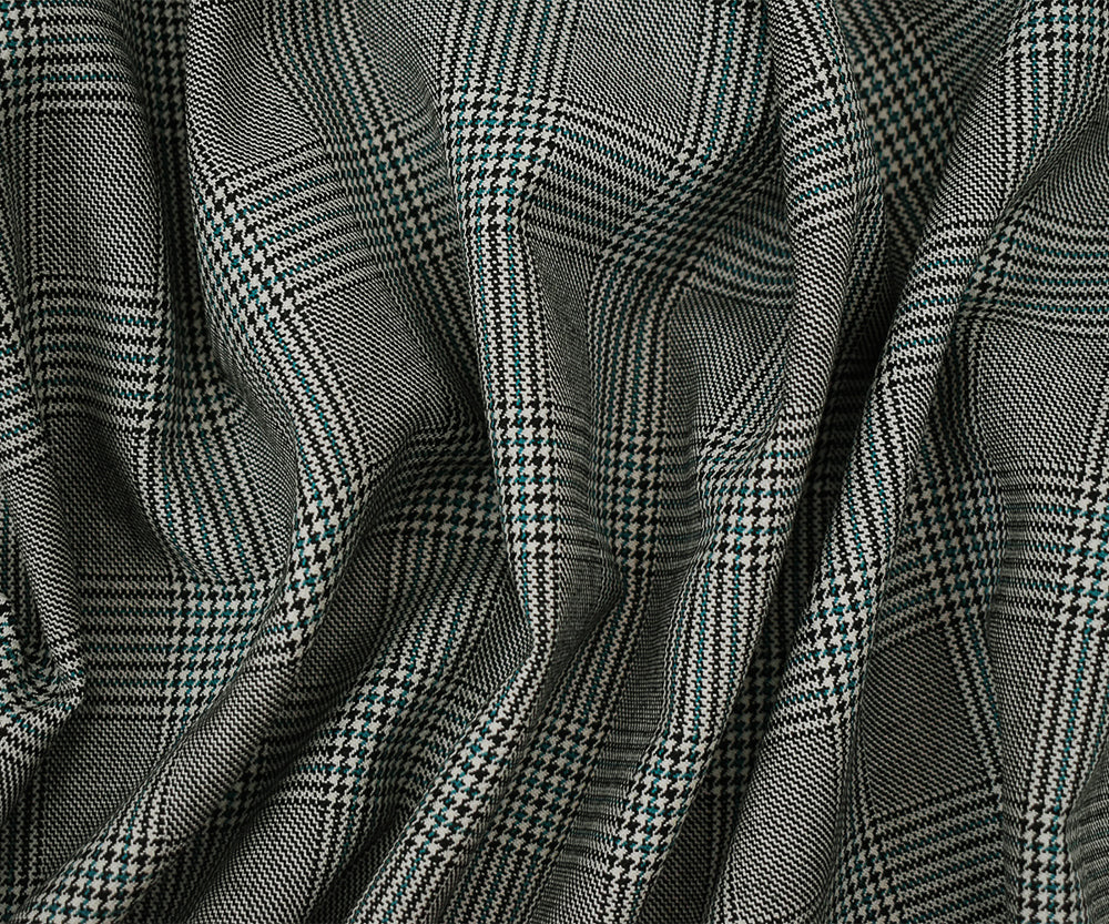 Black-Off-White-Green Poly-Wool Glen Plaid Check Suiting Woven Fabric - Image 3