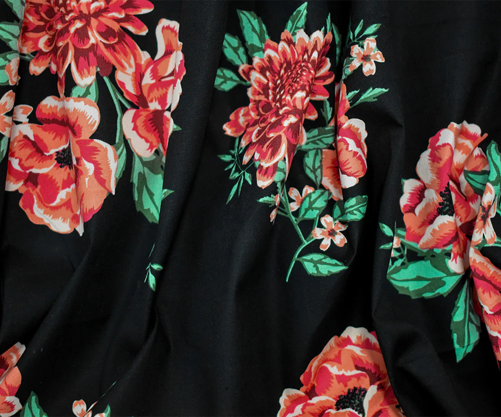 Black-Orange-Multi Cotton Floral Printed Stretch Spandex Poplin Woven Fabric - Image 2