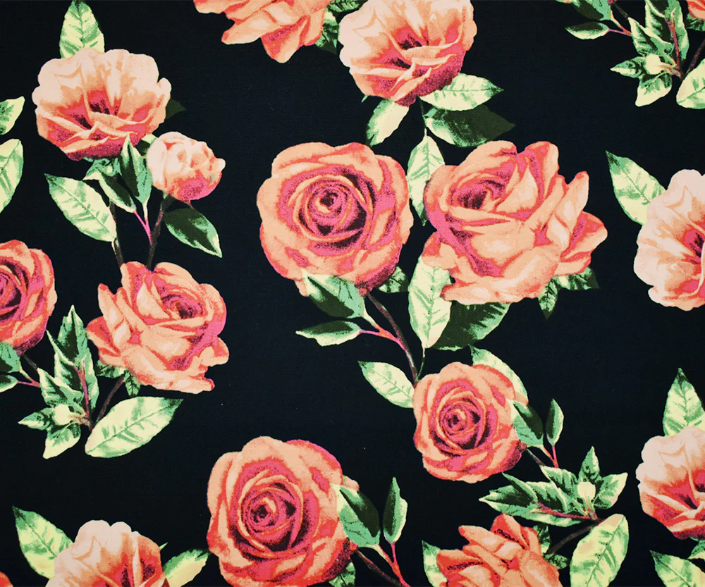 Black-Orange-Multi Cotton Stretch Spandex Floral Print Poplin Woven Fabric - Image 3