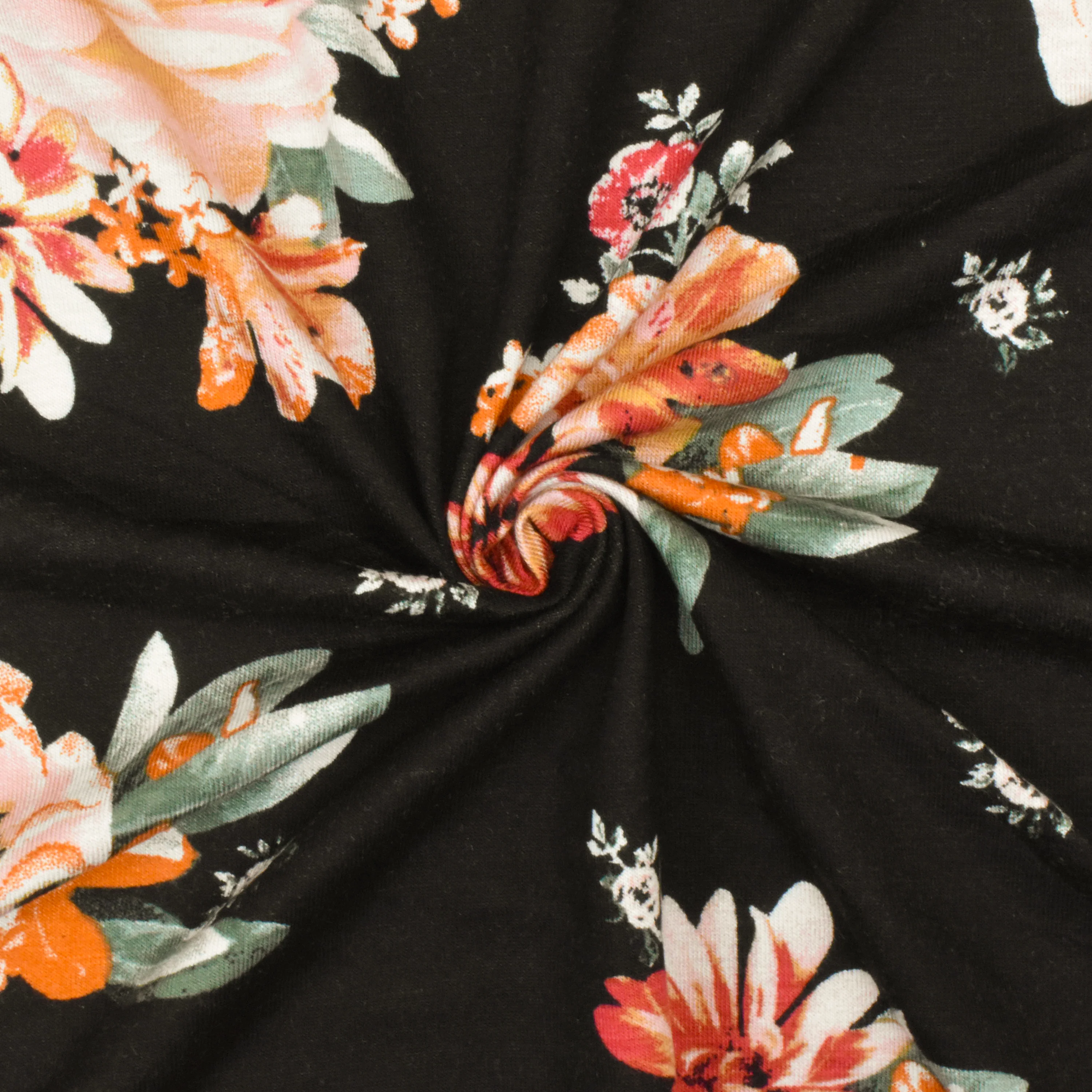 Black-Orange-Multi Floral Printed Stretch Rayon Jersey Knit Fabric - Image 2