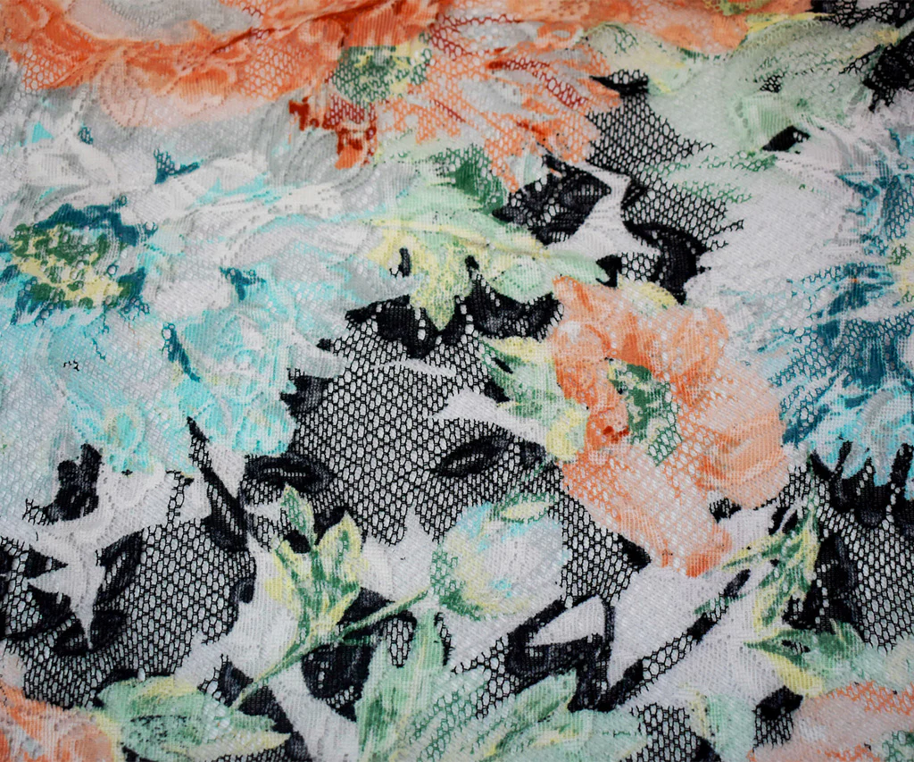 Black-Orange-Multi Nylon Floral Printed Lace Mesh Knit Fabric - Image 4