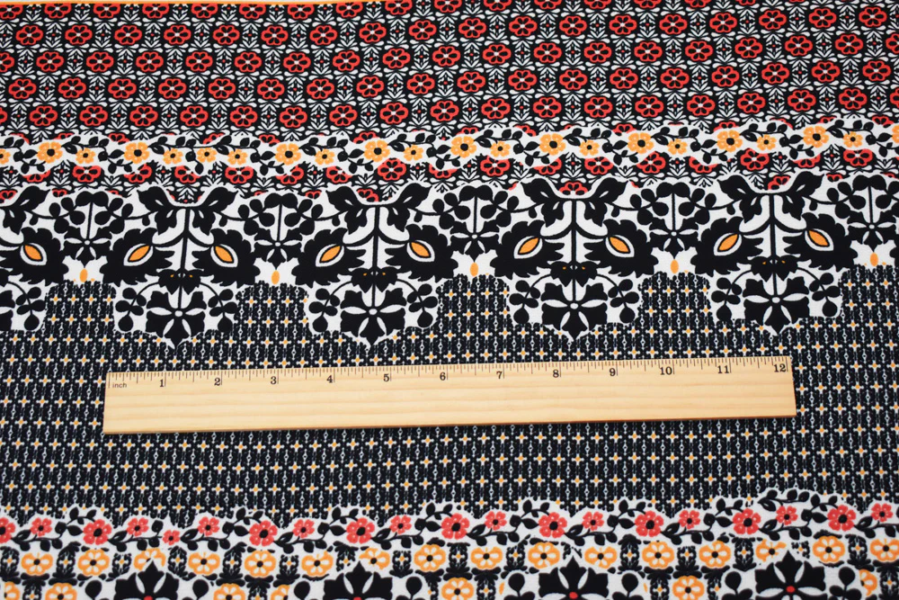 Black-Orange-Multi Poly Floral Border Printed Pebble Crepe Woven Fabric - Image 2