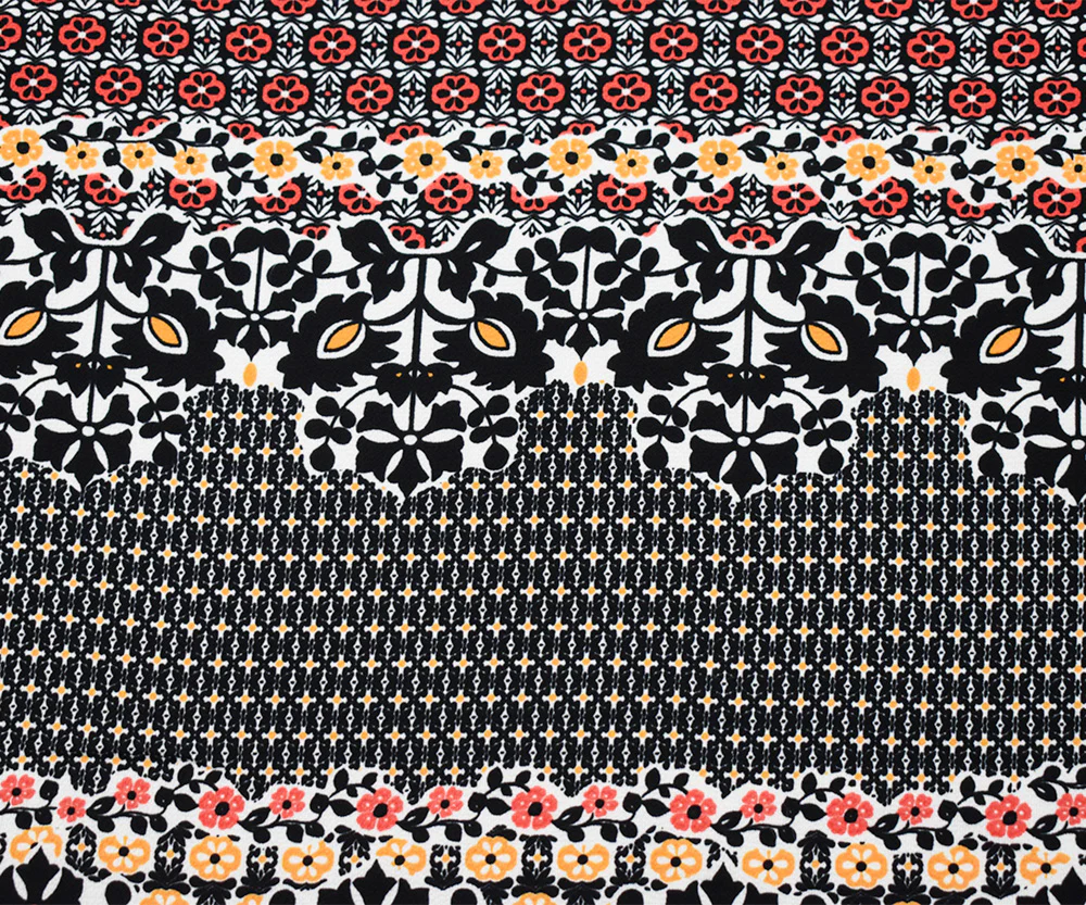 Black-Orange-Multi Poly Floral Border Printed Pebble Crepe Woven Fabric - Image 3