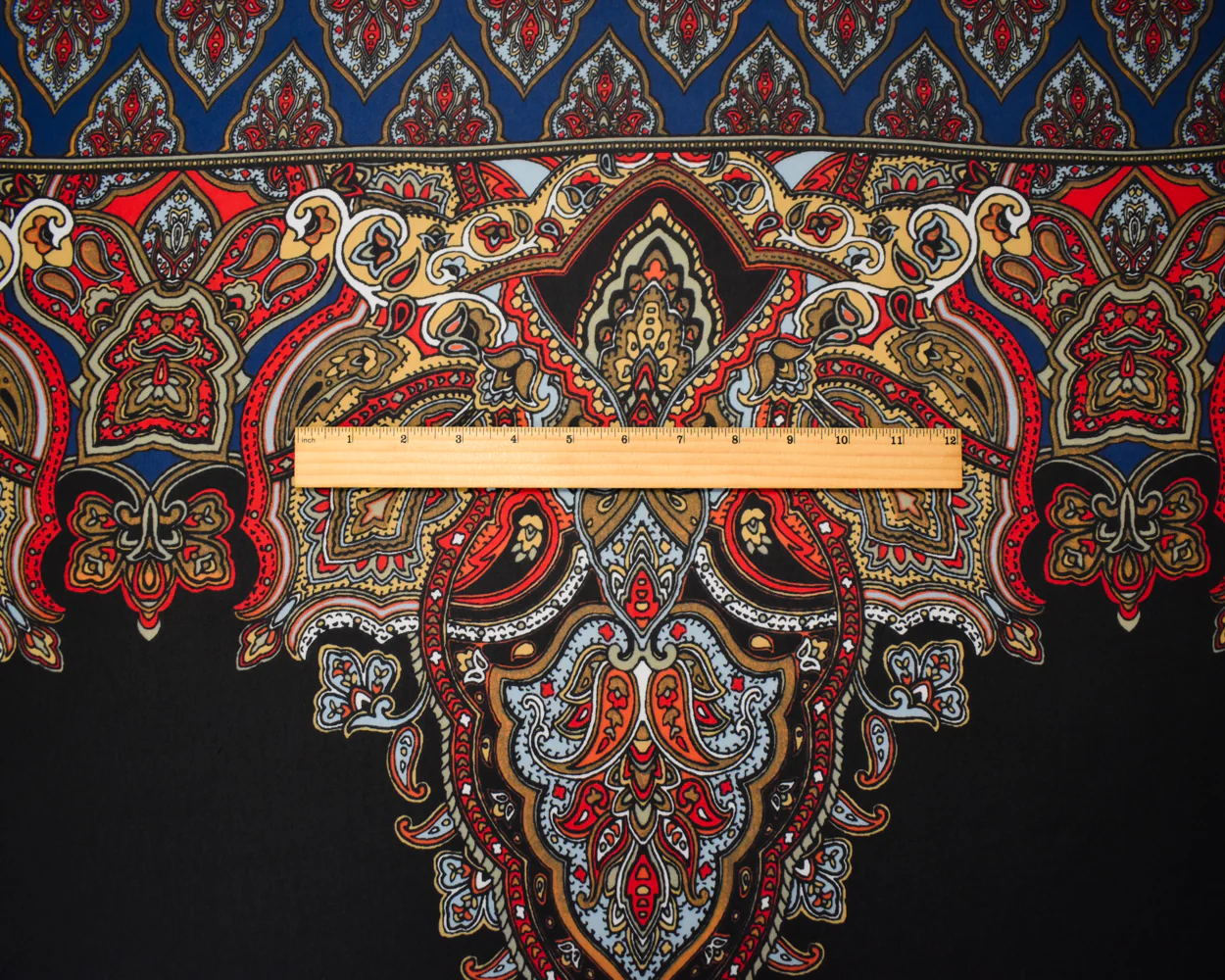 Black-Orange-Multi Poly Paisely Baroque Border Printed Chiffon Woven Fabric - Image 4