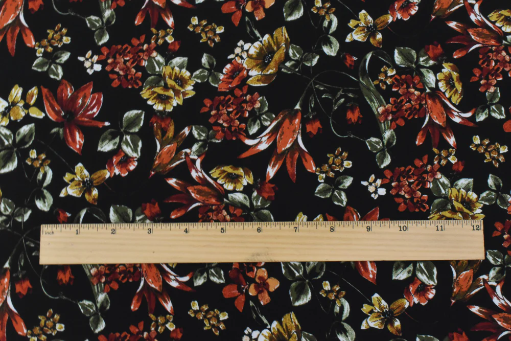Black-Orange-Multi Polyester Floral Printed Momie Crepe Georgette Woven Fabric - Image 2