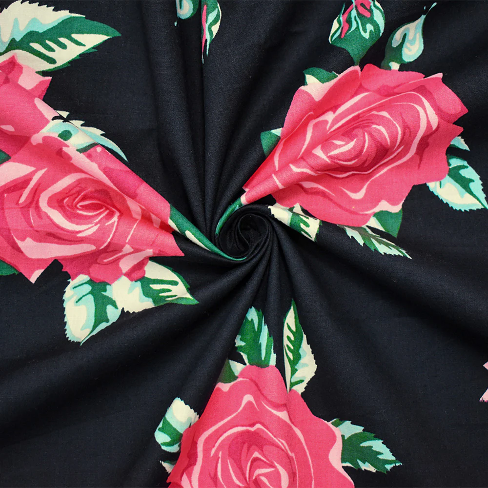 Black-Pink-Green Cotton Stretch Spandex Floral Printed Poplin Woven Fabric