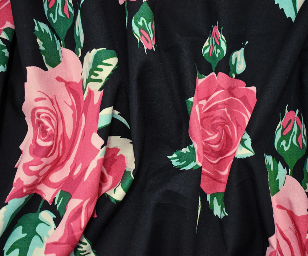 Black-Pink-Green Cotton Stretch Spandex Floral Printed Poplin Woven Fabric - Image 2