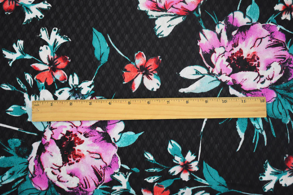Black-Pink-Multi Floral Printed Ogee Texture Dobby Chiffon Woven Fabric - Image 4