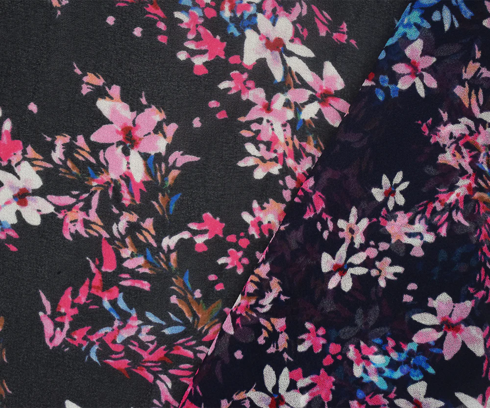 Black-Pink-Multi Floral Printed Poly Chiffon Woven Fabric - Image 2
