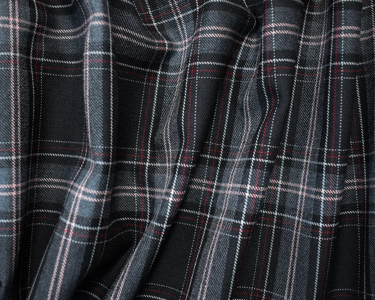 Black-Pink-Multi Poly Wool Plaid Twill Woven Suiting Fabric - Image 3