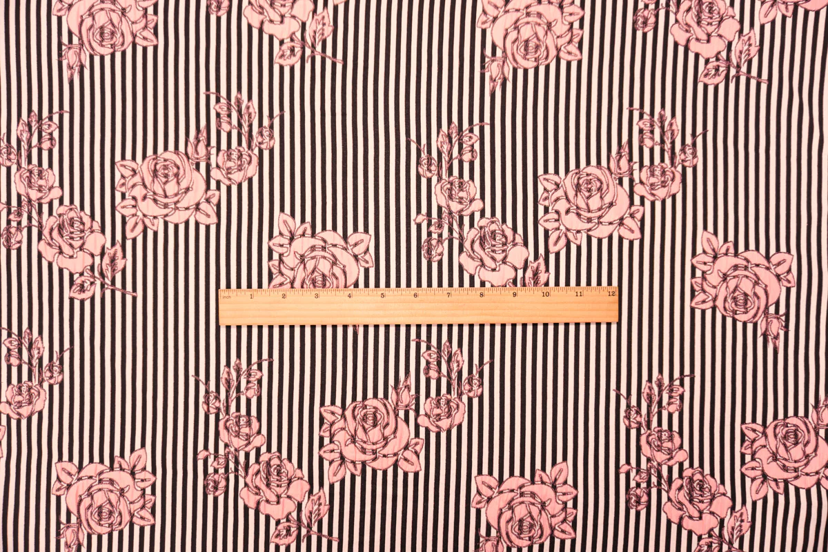 Black-Pink Poly Stripe Floral Matelasse Double Woven Fabric - Image 4