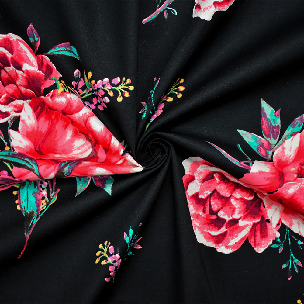 Black-Pink-Teal Cotton Floral Print Stretch Spandex Poplin Woven Fabric