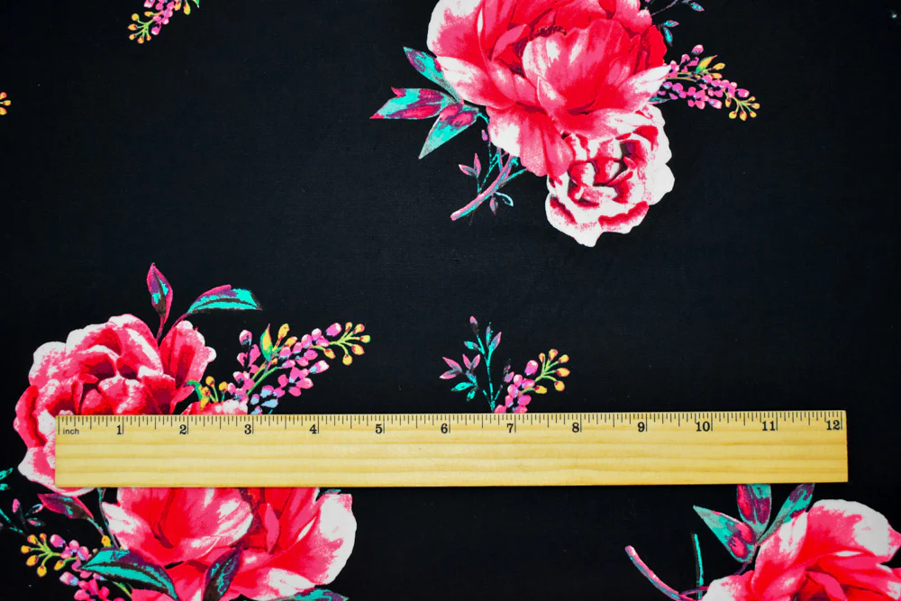 Black-Pink-Teal Cotton Floral Print Stretch Spandex Poplin Woven Fabric - Image 2