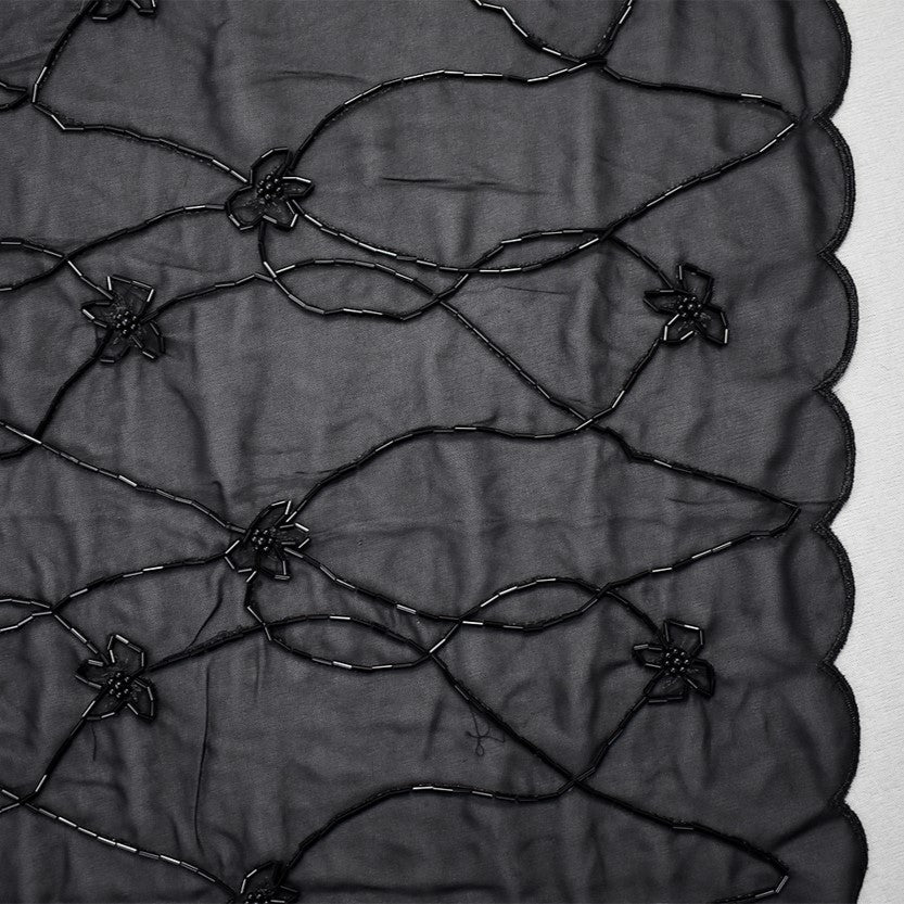 Black Polyester Beaded Floral Vine Embroidered Scallop Chiffon Woven Fabric