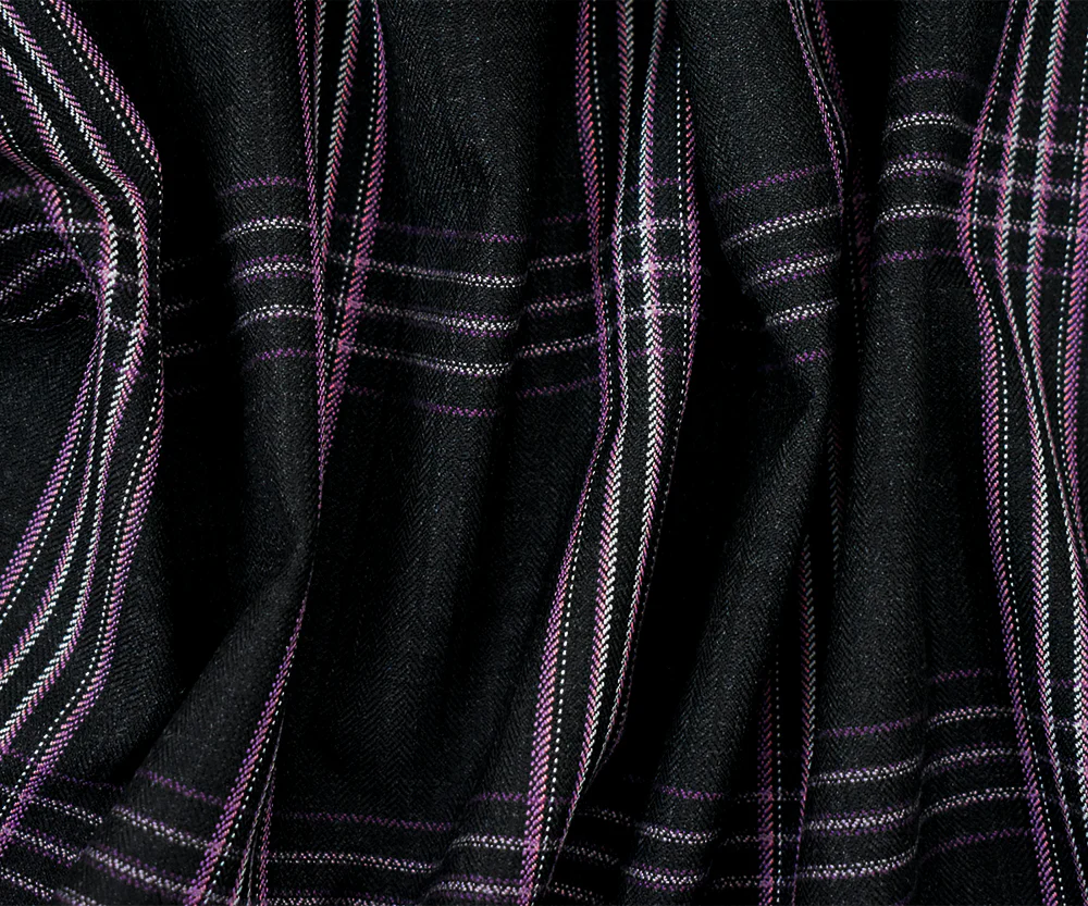 Black-Purple-Multi Wool-Polyester Plaid Herringbone Woven Suiting Fabric - Image 2