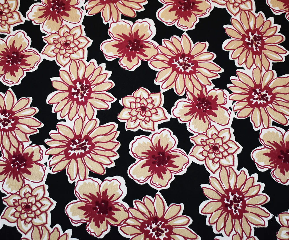 Black-Red-Beige Floral Printed Rayon Crepe Faille Woven Fabric - Image 4