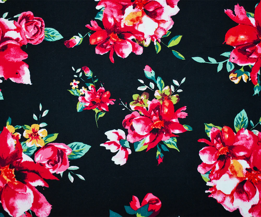 Black-Red-Green Cotton Stretch Spandex Floral Printed Poplin Woven Fabric - Image 3